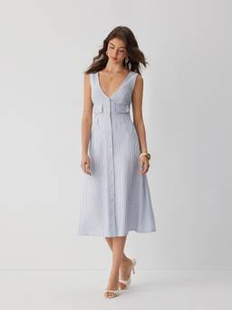 Cider - Linen-blend Women's Striped V-Neck A-Line Maxi Dress Blue