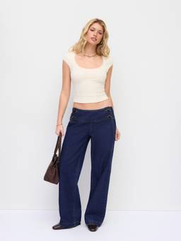 Cider - Washed Women's Low Rise Button Detail Wide Leg Jeans Navy Blue