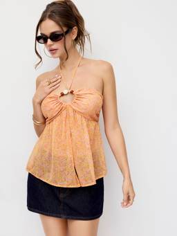 Cider - Floral Women Ruched Halter Neck Cut-Out Crop Top Orange