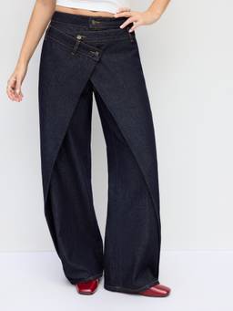 Cider - Denim Women's Mid-Rise Asymmetrical Wide-Leg Jeans Navy Blue