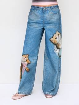 Cider - Cat Graphic Women's Mid-Rise Oversized Wide-Leg Jeans Indigo