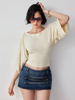 Cider - Knit Women's Batwing Boat Neck Pullover Sweater Cream