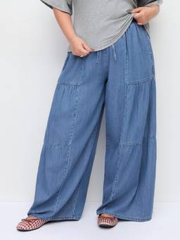 Cider - Women's Mid Rise Drawstring Ruched Wide Leg Palazzos Indigo