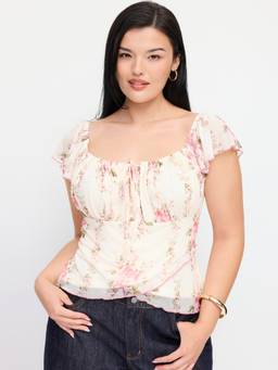 Cider - Floral Women's Square Neck Ruffled Sleeve Crop Top Pink