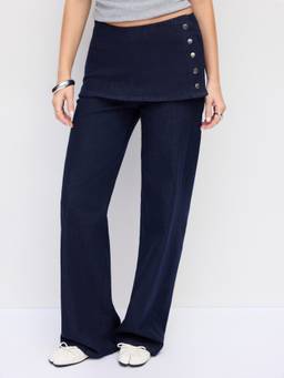 Cider - Stretch Denim Women Low-Waist Wrap Straight-Leg Jeans Navy Blue