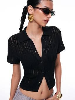 Cider - Hollow Out Women Button-Up Polo Knit Top Black