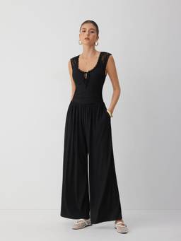 Cider - Lace Panel Women's Lace-Up Wide-Leg Jumpsuit Black