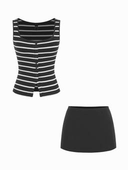 Cider - Cotton Blend Women Striped Scoop Neck Skirt Set Black