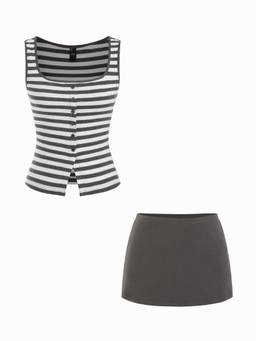 Cider - Cotton Blend Women's Striped Scoop Neck Skirt Set Grey