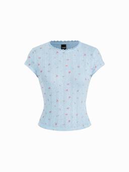 Cider - Floral Pointelle Lace Trim Women's Short Sleeve Tee Light Blue