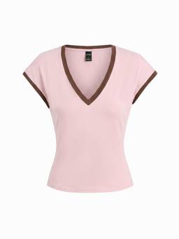 Cider - Cotton-Blend Women Colorblock V-Neck Tank Top Pink