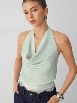 Cider - Satin Lace Women's Halter Neck Crop Top Green