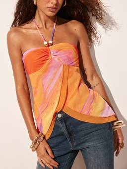 Cider - Chiffon Abstract Women Ruched Halter Neck Blouse Orange