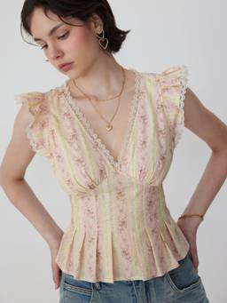 Cider - Cotton Blend Women Floral V-Neck Ruffle Sleeve Blouse Pink