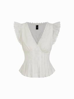 Cider - Cotton Blend Women Floral V-Neck Ruffle Sleeve Blouse White