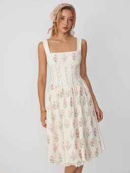Cider - Floral Corset Women's Square Neck Midi Dress Cream