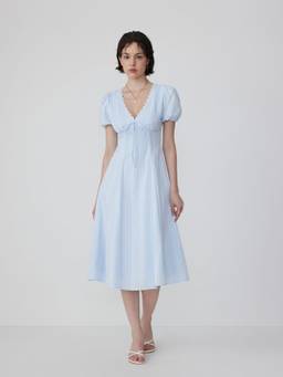 Cider - Lace Trim Women's Puff Sleeve V-Neck Midi Dress Blue