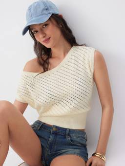 Cider - Knit Pointelle Women's Asymmetrical Neck Oversized Top Beige