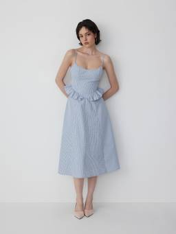 Cider - Cotton Blend Women Gingham Checks Ruffle Flared Midi Dress Blue
