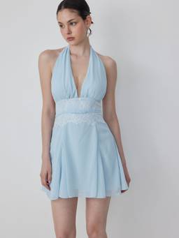 Cider - Chiffon Women's Halter Backless Lace A-Line Mini Dress Baby Blue