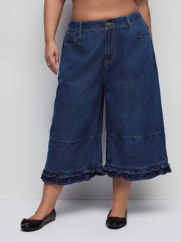 Cider - Washed Denim Women's Low-Rise Elastic Waist Wide-Leg Capris Blue