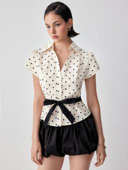 Cider - Cotton Polka Dot Women's Puff Sleeve Belted Blouse Cream