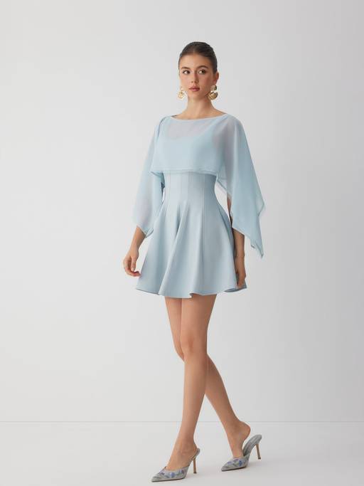 Buy Cider Chiffon Lace Trim Women's Cape Square Neck Flared Mini Dress Blue (XXS) Online