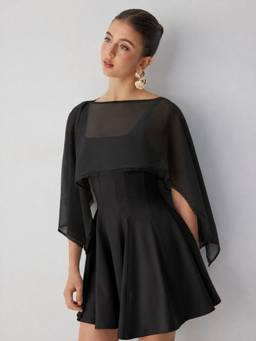 Cider - Chiffon Lace Trim Women's Square Neck Flared Mini Dress Black
