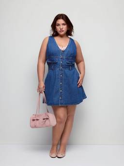 Cider - Denim V-Neck Metal Detail Oversized A-Line Mini Dress Navy Blue