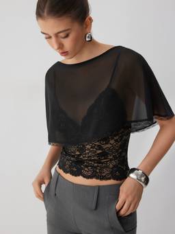 Cider - Chiffon Lace Women’s Sheer Cape Poncho Top Black