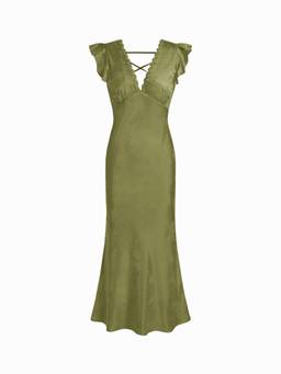 Cider - Textured Floral Women's V-Neck Ruffle Sleeve Maxi Dress Olive