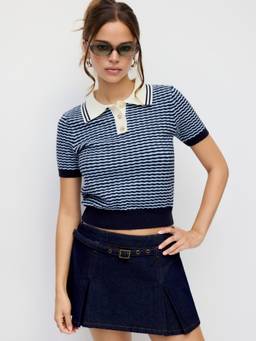 Cider - Knit Stripes Women's Colorblock Polo Neck Top Blue