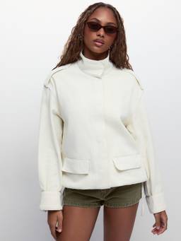 Cider - Washed Women’s Stand Collar Drawstring Denim Jacket Beige