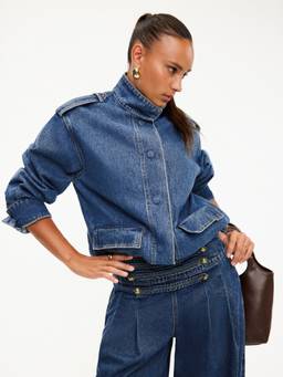 Cider - Washed Women's Oversized Stand Collar Denim Jacket Navy Blue
