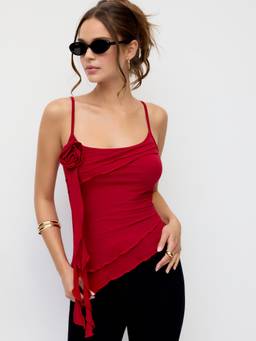 Cider - Cotton Blend Women’s Rosette Ruffle Scoop Neck Cami Top Red