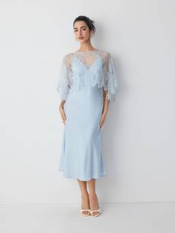 Cider - Lace Cape Women's Regular Fit Solid Maxi Dress Light Blue