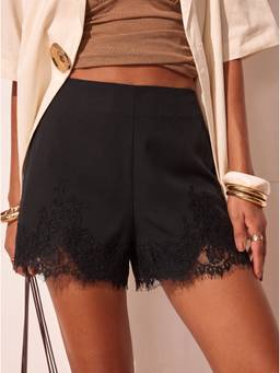 Cider - Linen-Blend Women's Mid-Waist Lace Trim Shorts Black