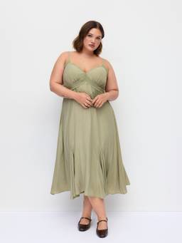 Cider - Lace Panel Women’s V-Neck A-Line Cami Midi Dress Olive