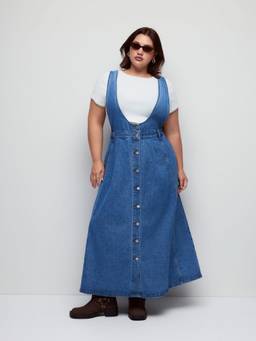 Cider - Denim Pinafore Women's Metal Detail Maxi Dress Blue