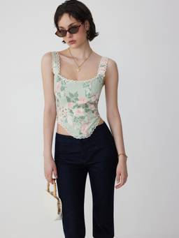 Cider - Linen Blend Women Floral Square Neck Lace Trim Corset Top Green
