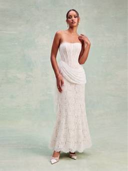 Cider - Lace Floral Women's Strapless Mermaid Maxi Dress White