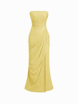 Cider - Mesh Bandeau Women's Lace-Up Bodycon Maxi Dress Yellow