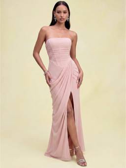 Cider - Mesh Bandeau Women's Lace-Up Bodycon Maxi Dress Pink