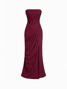 Cider - Mesh Bandeau Women's Lace-Up Bodycon Maxi Dress Wine