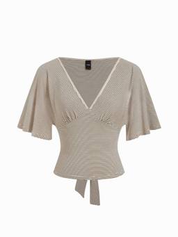 Cider - Lyocell-Blend Women Striped V-Neck Cape Sleeve Ruched Top Cream