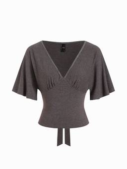 Cider - Lyocell Blend Women Striped V-Neck Tie-Back Top Dark Grey