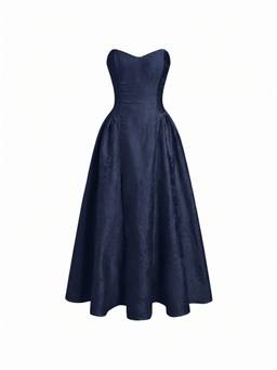 Cider - Floral Jacquard Women Sweetheart Lace-Up Flared Maxi Dress Navy Blue