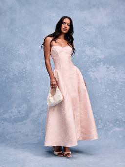 Cider - Floral Jacquard Women Sweetheart Lace-Up Flared Maxi Dress Pink