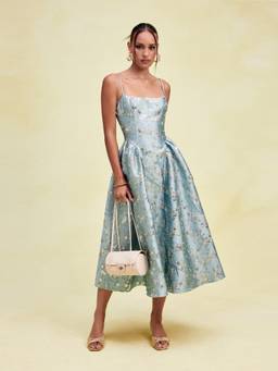 Cider - Floral Jacquard Women's Lace-Up Corset A-Line Midi Dress Blue
