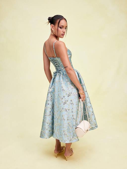 Buy Cider Floral Jacquard Women's Lace-Up Corset A-Line Midi Dress Blue (XXS) Online